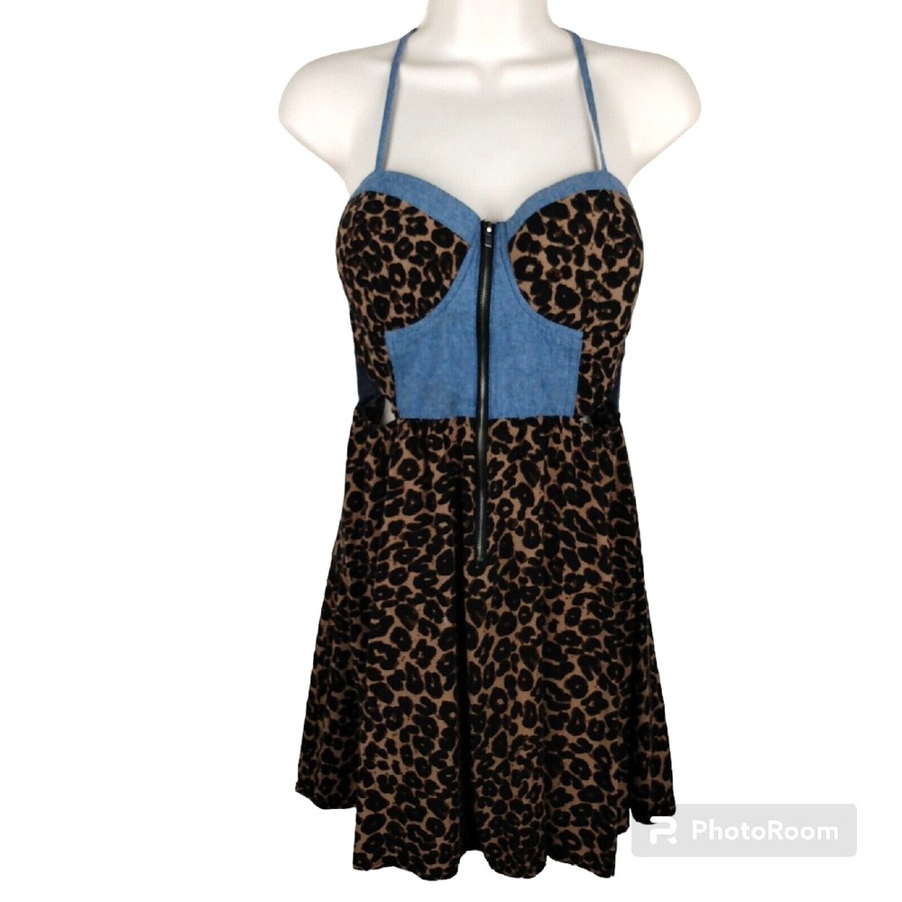 Material Girl Mini Dress Built in Bra Leopard Print Strappy Sleeve Large